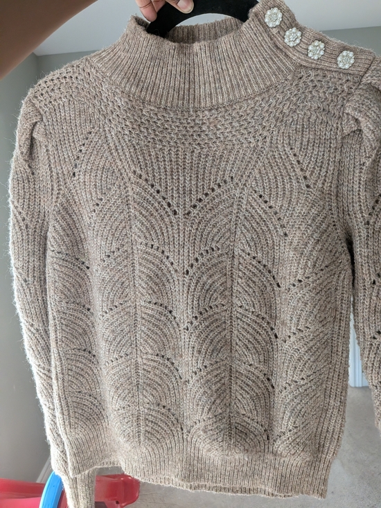 Heartloom Sweaters - Heartloom Beige Cable-Knit Mock Turtleneck Sweater with Pearl Buttons